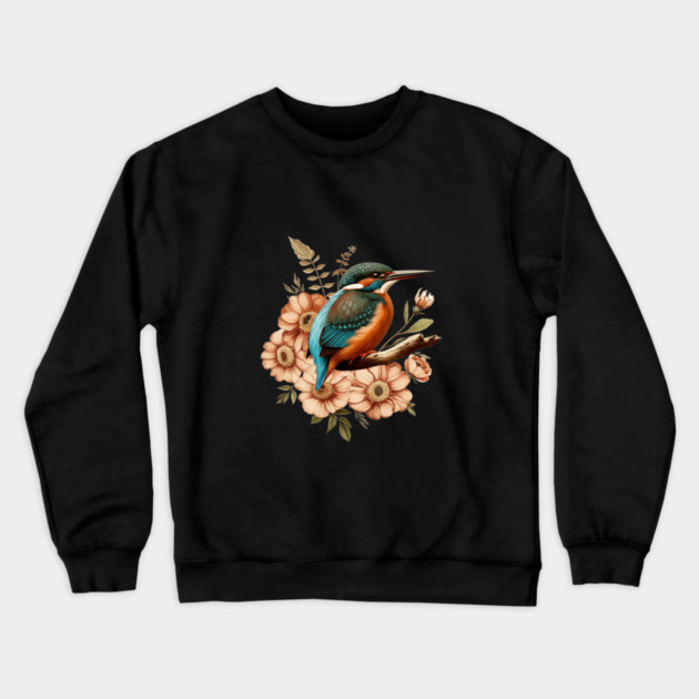 Common Kingfisher with Vintage Rustic Autumn Florals Crewneck Sweatshirt by BirdsnStuff
