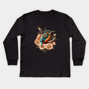 Common Kingfisher with Vintage Rustic Autumn Florals Kids Long Sleeve T-Shirt