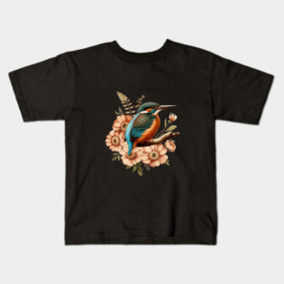 Common Kingfisher with Vintage Rustic Autumn Florals Kids T-Shirt