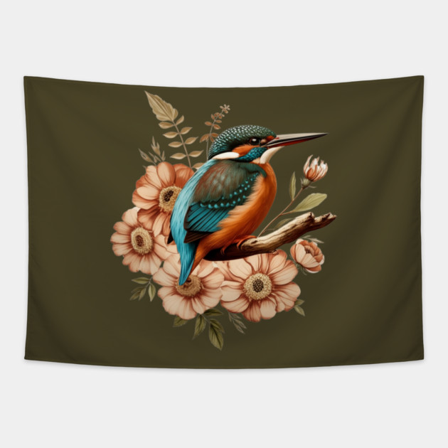Common Kingfisher with Vintage Rustic Autumn Florals Tapestry by BirdsnStuff