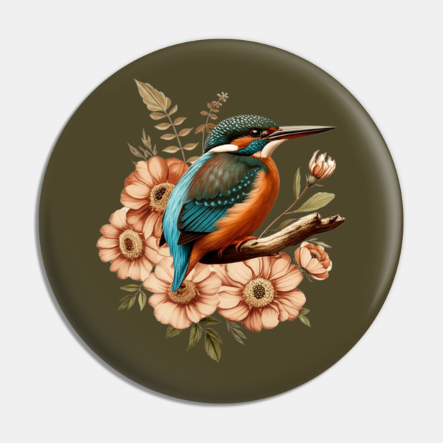 Common Kingfisher with Vintage Rustic Autumn Florals Pin by BirdsnStuff