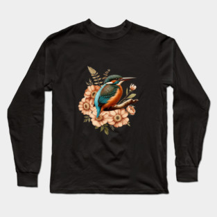 Common Kingfisher with Vintage Rustic Autumn Florals Long Sleeve T-Shirt