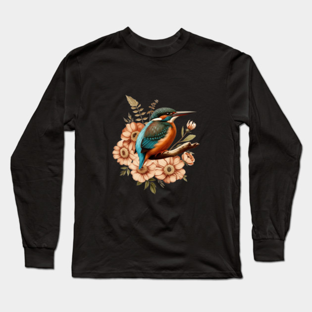 Common Kingfisher with Vintage Rustic Autumn Florals Long Sleeve T-Shirt by BirdsnStuff