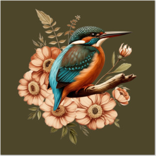 Common Kingfisher with Vintage Rustic Autumn Florals Posters and Art