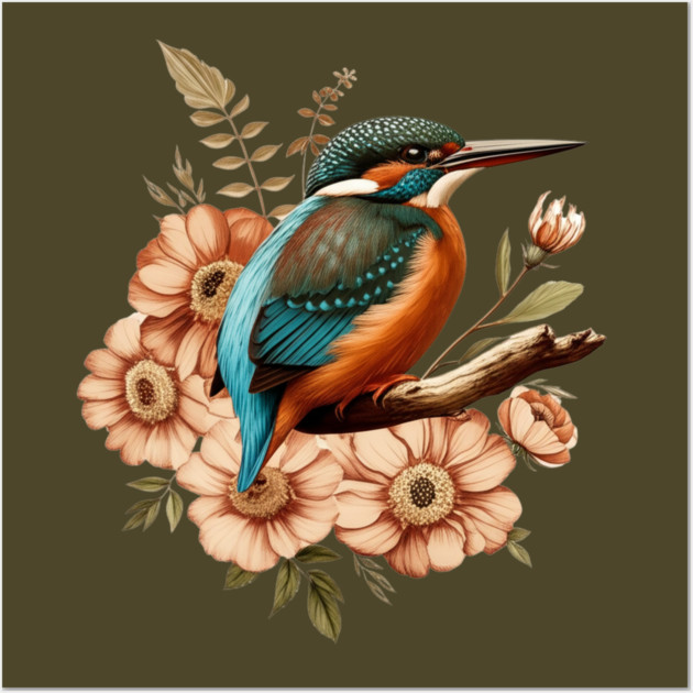Common Kingfisher with Vintage Rustic Autumn Florals Wall Art by BirdsnStuff