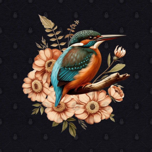 Common Kingfisher with Vintage Rustic Autumn Florals by BirdsnStuff