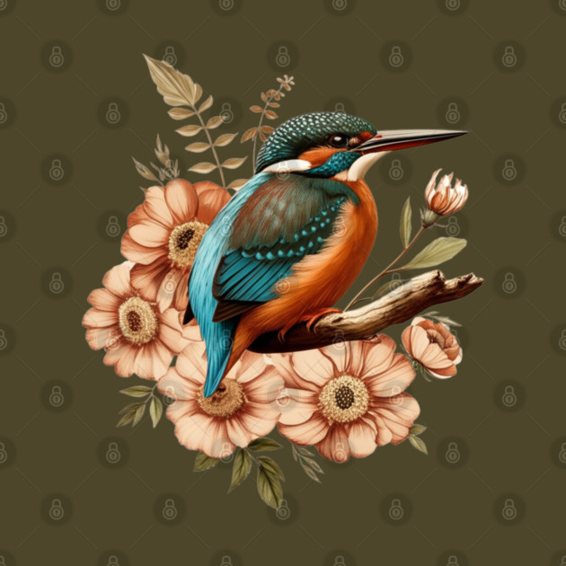 Common Kingfisher with Vintage Rustic Autumn Florals by BirdsnStuff