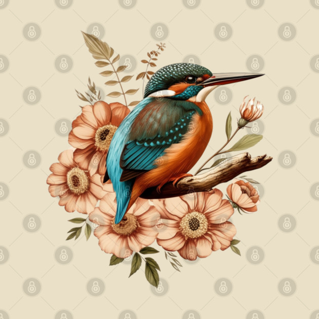 Common Kingfisher with Vintage Rustic Autumn Florals by BirdsnStuff