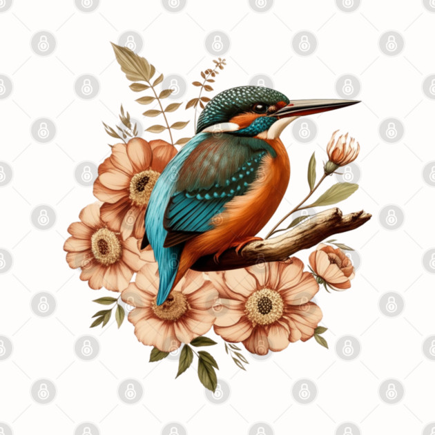 Common Kingfisher with Vintage Rustic Autumn Florals by BirdsnStuff