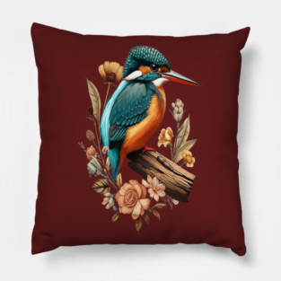 Common Kingfisher with Vintage Floral Botanical Accents Pillow