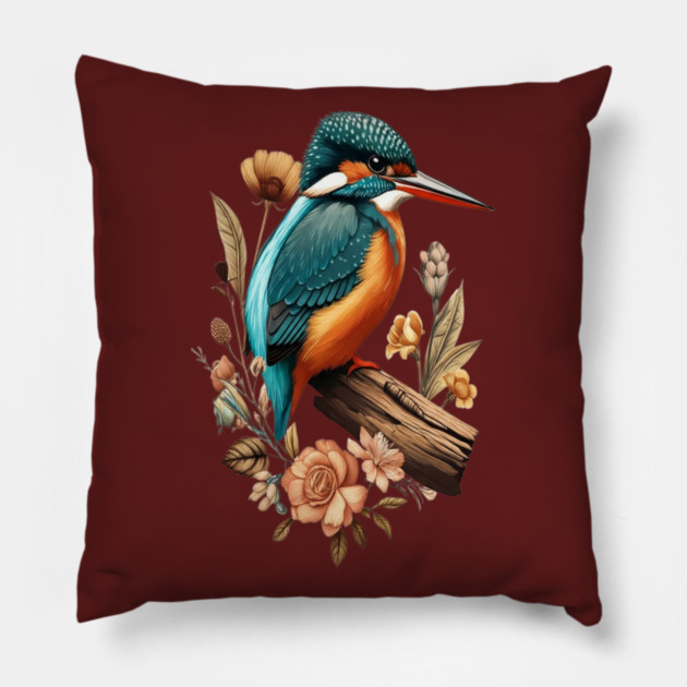 Common Kingfisher with Vintage Floral Botanical Accents Pillow by BirdsnStuff