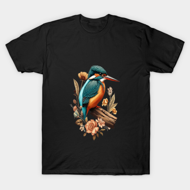 Common Kingfisher with Vintage Floral Botanical Accents T-Shirt by BirdsnStuff