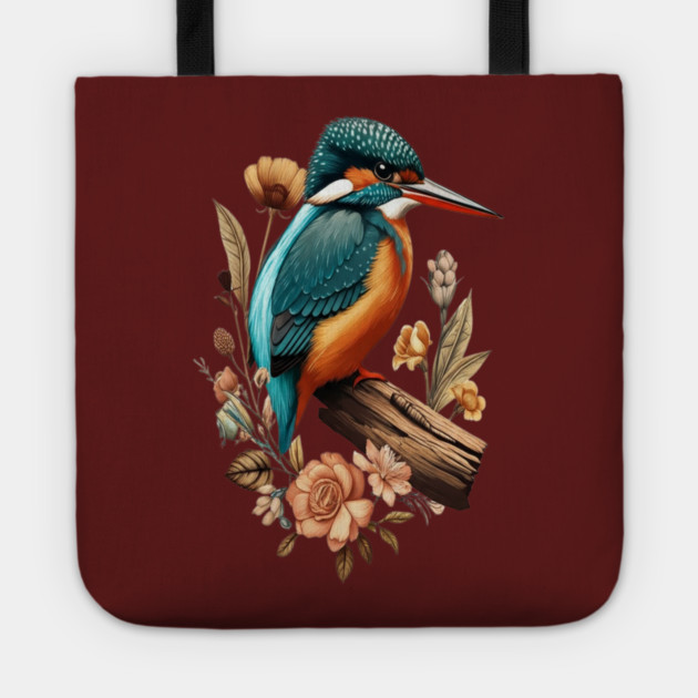 Common Kingfisher with Vintage Floral Botanical Accents Tote by BirdsnStuff