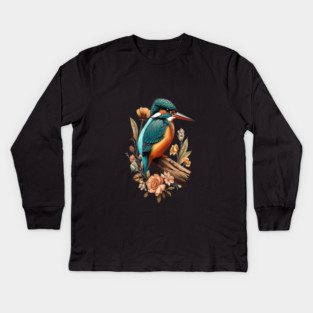Common Kingfisher with Vintage Floral Botanical Accents Kids Long Sleeve T-Shirt