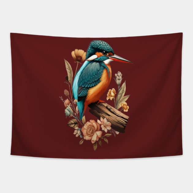 Common Kingfisher with Vintage Floral Botanical Accents Tapestry by BirdsnStuff