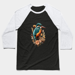 Common Kingfisher with Vintage Floral Botanical Accents Baseball T-Shirt