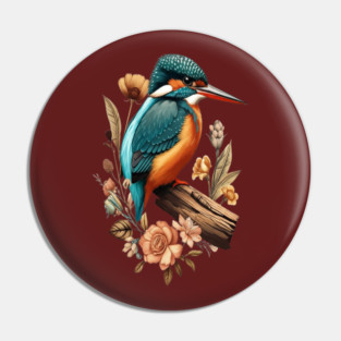Common Kingfisher with Vintage Floral Botanical Accents Pin