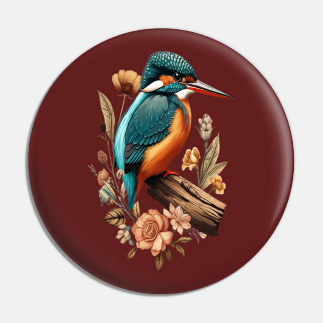 Common Kingfisher with Vintage Floral Botanical Accents Pin by BirdsnStuff