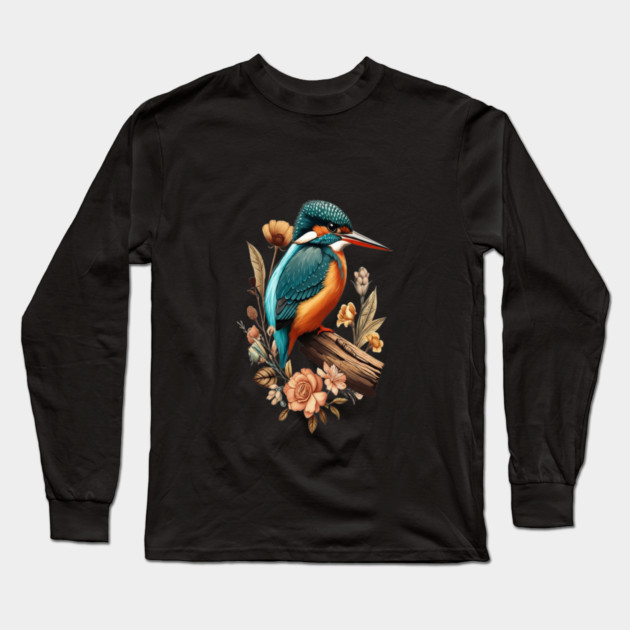 Common Kingfisher with Vintage Floral Botanical Accents Long Sleeve T-Shirt by BirdsnStuff