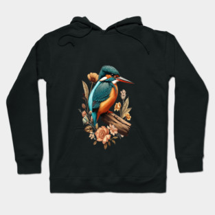 Common Kingfisher with Vintage Floral Botanical Accents Hoodie