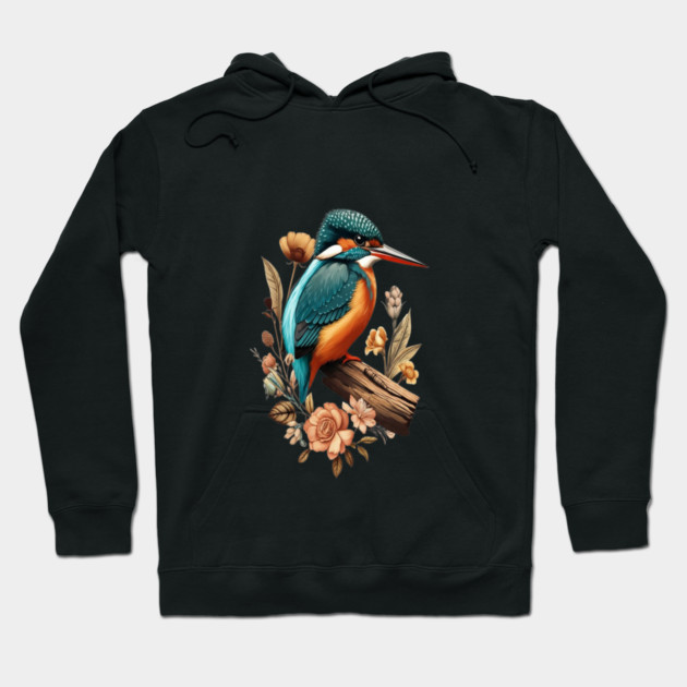 Common Kingfisher with Vintage Floral Botanical Accents Hoodie by BirdsnStuff
