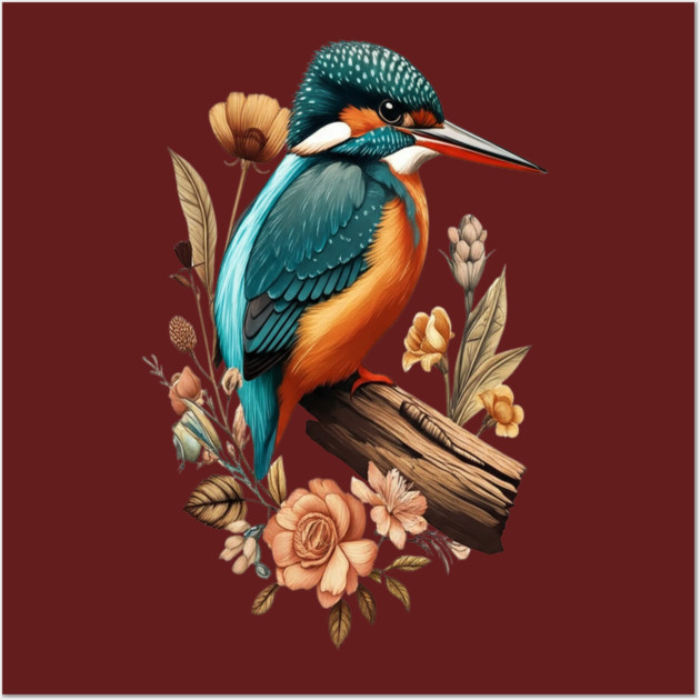 Common Kingfisher with Vintage Floral Botanical Accents Wall Art by BirdsnStuff