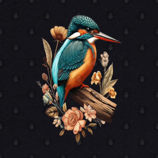 Common Kingfisher with Vintage Floral Botanical Accents by BirdsnStuff