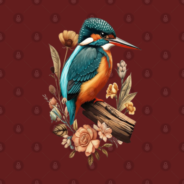 Common Kingfisher with Vintage Floral Botanical Accents by BirdsnStuff
