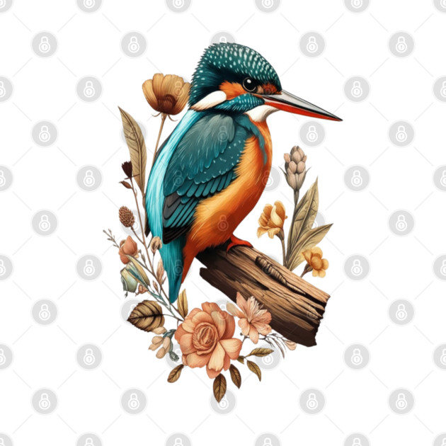 Common Kingfisher with Vintage Floral Botanical Accents by BirdsnStuff