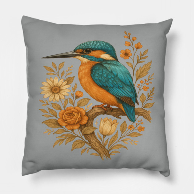 Common Kingfisher with Rustic Autumn Charm Botanicals Pillow by BirdsnStuff