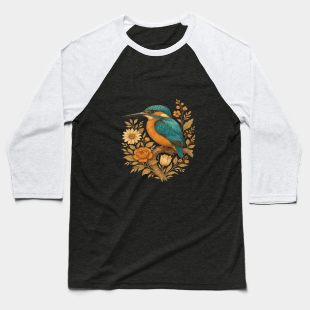 Common Kingfisher with Rustic Autumn Charm Botanicals Baseball T-Shirt by BirdsnStuff