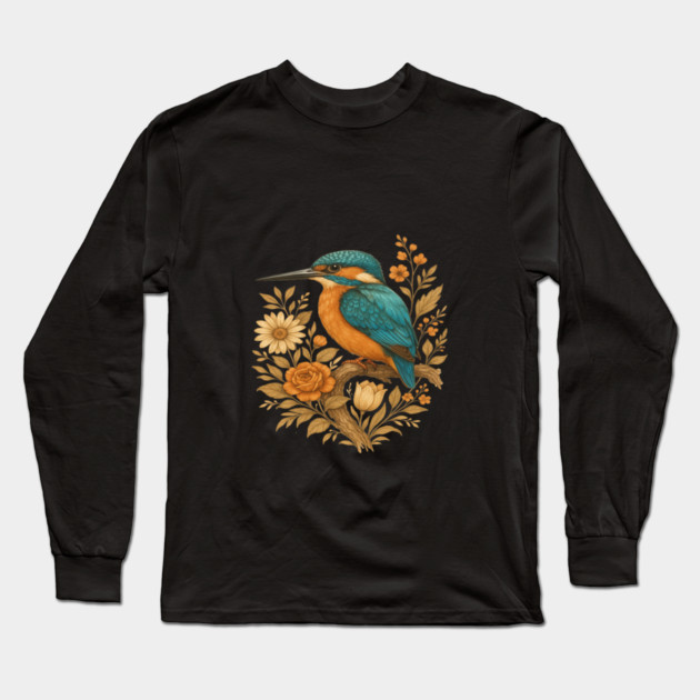 Common Kingfisher with Rustic Autumn Charm Botanicals Long Sleeve T-Shirt by BirdsnStuff
