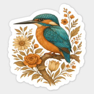 Common Kingfisher with Rustic Autumn Charm Botanicals Sticker
