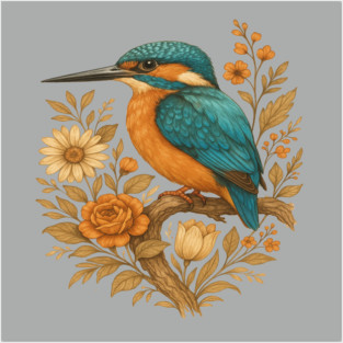Common Kingfisher with Rustic Autumn Charm Botanicals Posters and Art