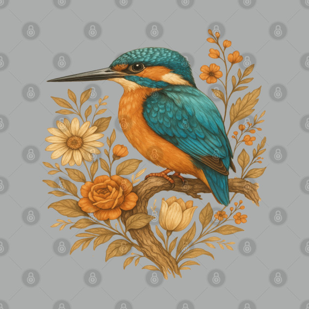Common Kingfisher with Rustic Autumn Charm Botanicals by BirdsnStuff