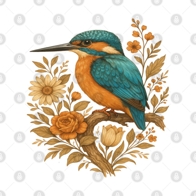 Common Kingfisher with Rustic Autumn Charm Botanicals by BirdsnStuff