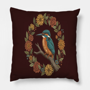 Common Kingfisher in Vintage Cottagecore Style Pillow