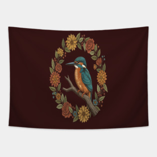 Common Kingfisher in Vintage Cottagecore Style Tapestry