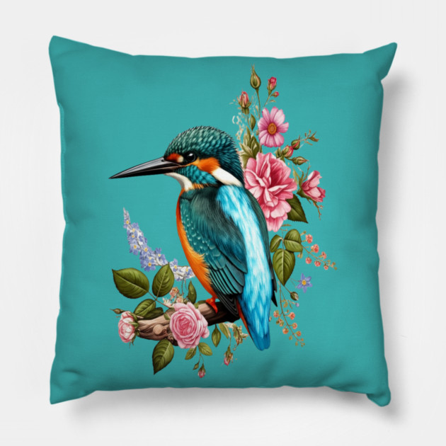 Common Kingfisher with Romantic Vintage Florals Pillow by BirdsnStuff