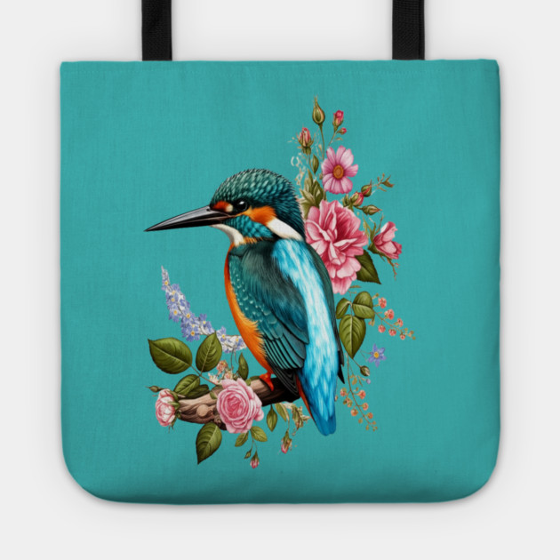 Common Kingfisher with Romantic Vintage Florals Tote by BirdsnStuff