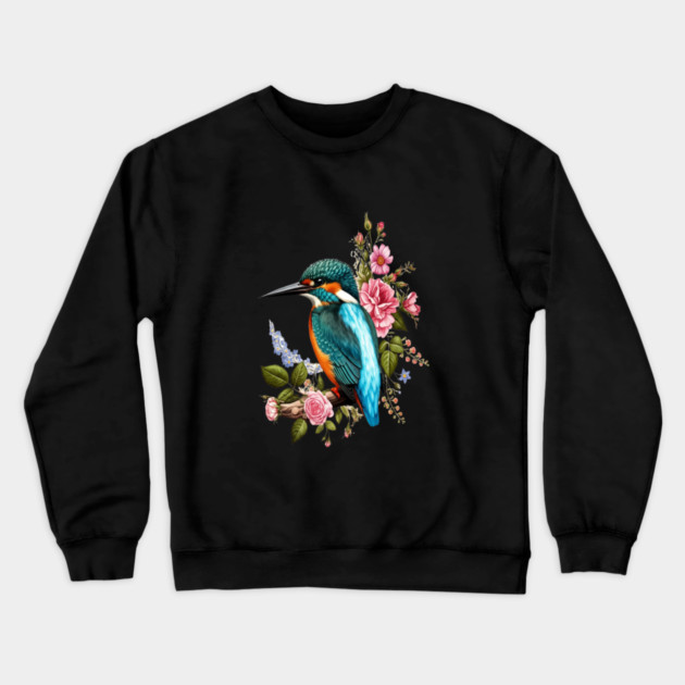 Common Kingfisher with Romantic Vintage Florals Crewneck Sweatshirt by BirdsnStuff