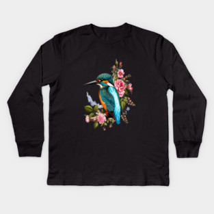 Common Kingfisher with Romantic Vintage Florals Kids Long Sleeve T-Shirt