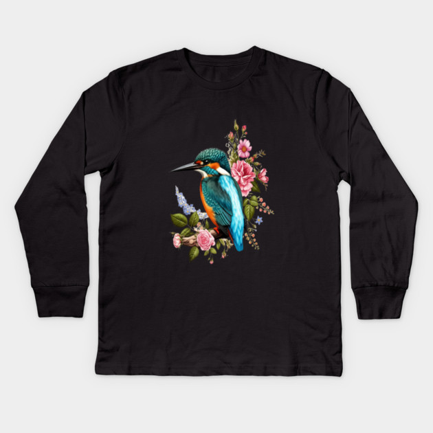 Common Kingfisher with Romantic Vintage Florals Kids Long Sleeve T-Shirt by BirdsnStuff