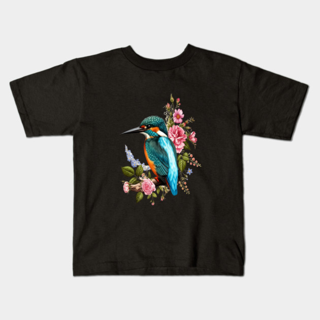Common Kingfisher with Romantic Vintage Florals Kids T-Shirt by BirdsnStuff