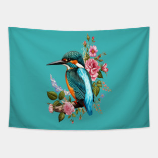 Common Kingfisher with Romantic Vintage Florals Tapestry
