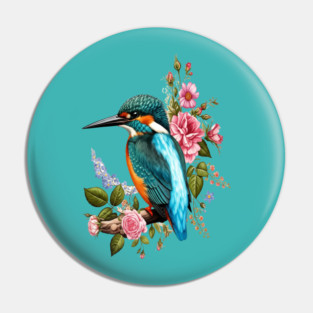 Common Kingfisher with Romantic Vintage Florals Pin
