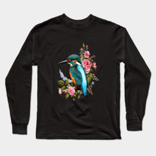 Common Kingfisher with Romantic Vintage Florals Long Sleeve T-Shirt