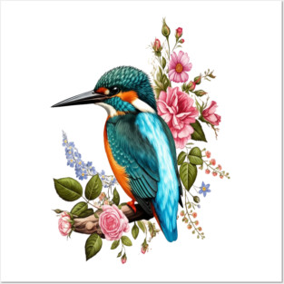 Common Kingfisher with Romantic Vintage Florals Posters and Art