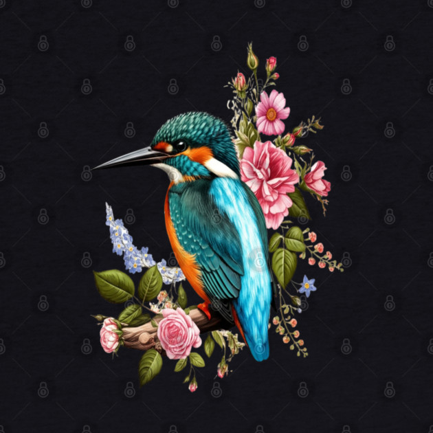Common Kingfisher with Romantic Vintage Florals by BirdsnStuff