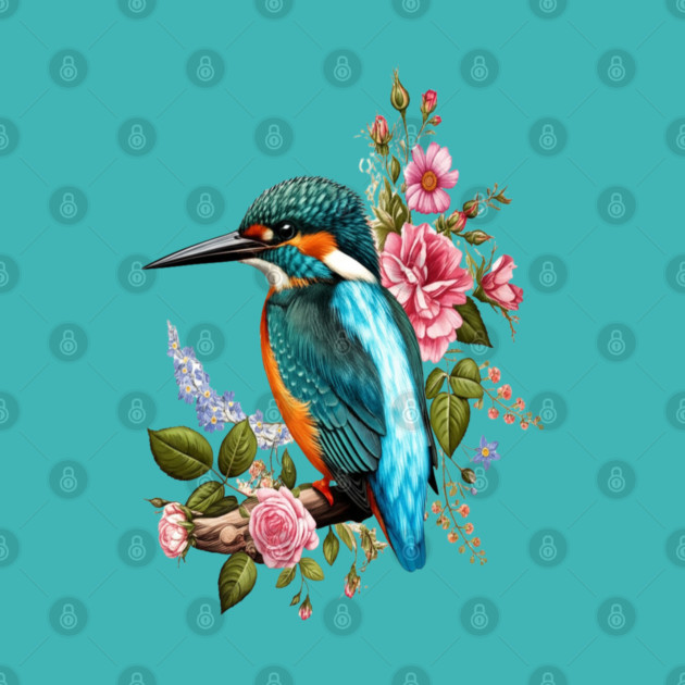 Common Kingfisher with Romantic Vintage Florals by BirdsnStuff